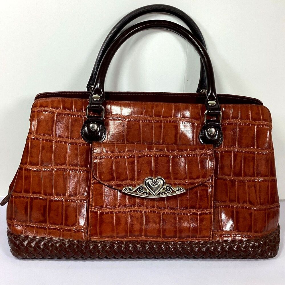 MC Bag Purse Embossed Croc Leather Faux Brown Silver Tone Scroll Heart Clasp